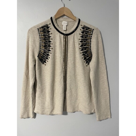 Chico's Beaded Beige Seed Stitch Cardigan Size 2 L 12/14 - Picture 1 of 10